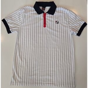 Bleecker and Mercer Navy White Pinstripe Polo Shirt Large Collared Short Sleeve